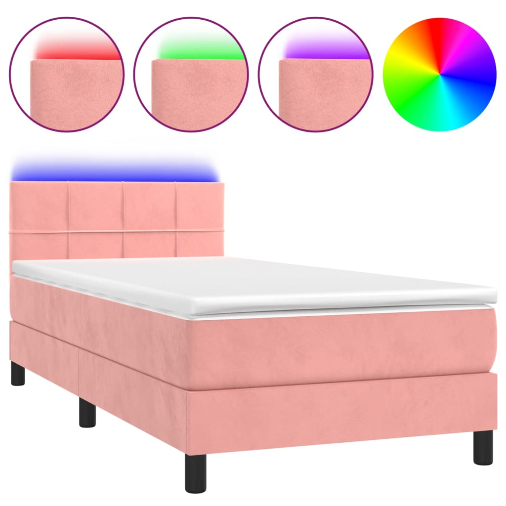 vidaXL Cama box spring colchón y LED terciopelo rosa 90x190 cm