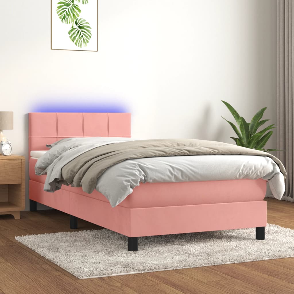 vidaXL Cama box spring colchón y LED terciopelo rosa 90x190 cm