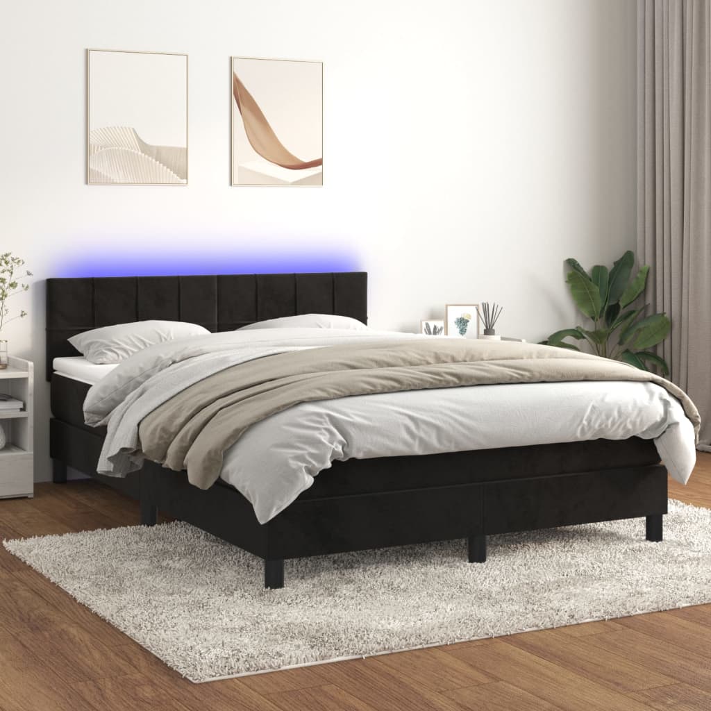 vidaXL Cama box spring colchón y LED terciopelo negro 140x190 cm