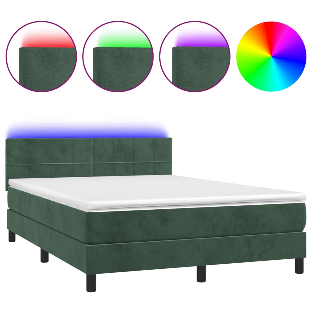 vidaXL Cama box spring colchón y LED terciopelo verde oscuro 140x190cm