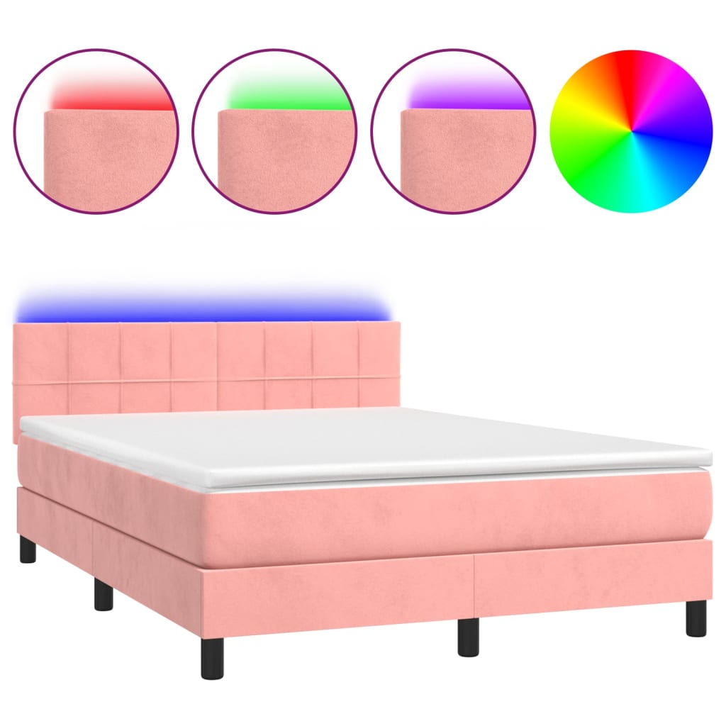 vidaXL Cama box spring colchón y LED terciopelo rosa 140x190 cm