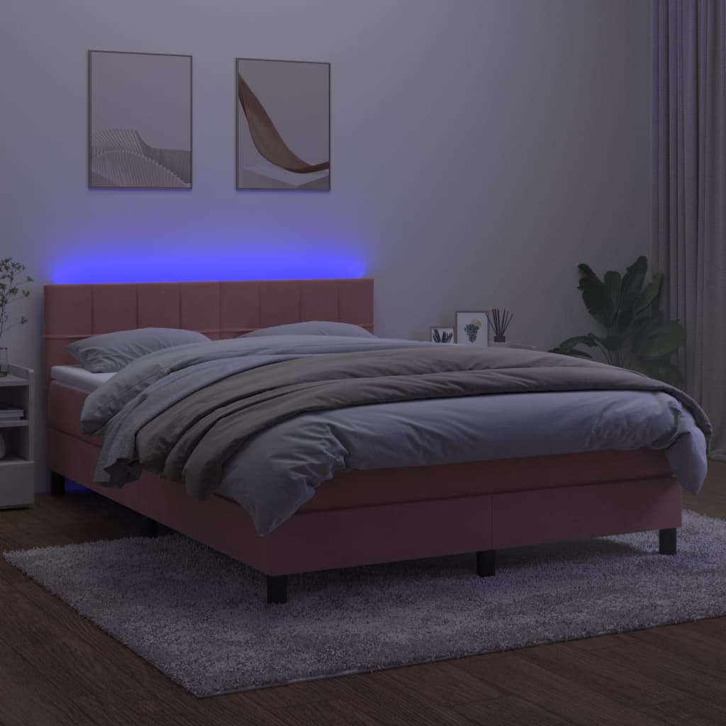 vidaXL Cama box spring colchón y LED terciopelo rosa 140x190 cm