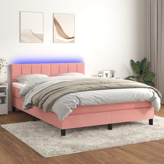 vidaXL Cama box spring colchón y LED terciopelo rosa 140x190 cm