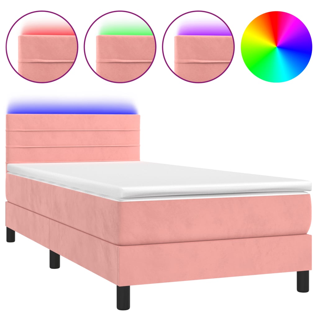 vidaXL Cama box spring colchón y LED terciopelo rosa 90x200 cm