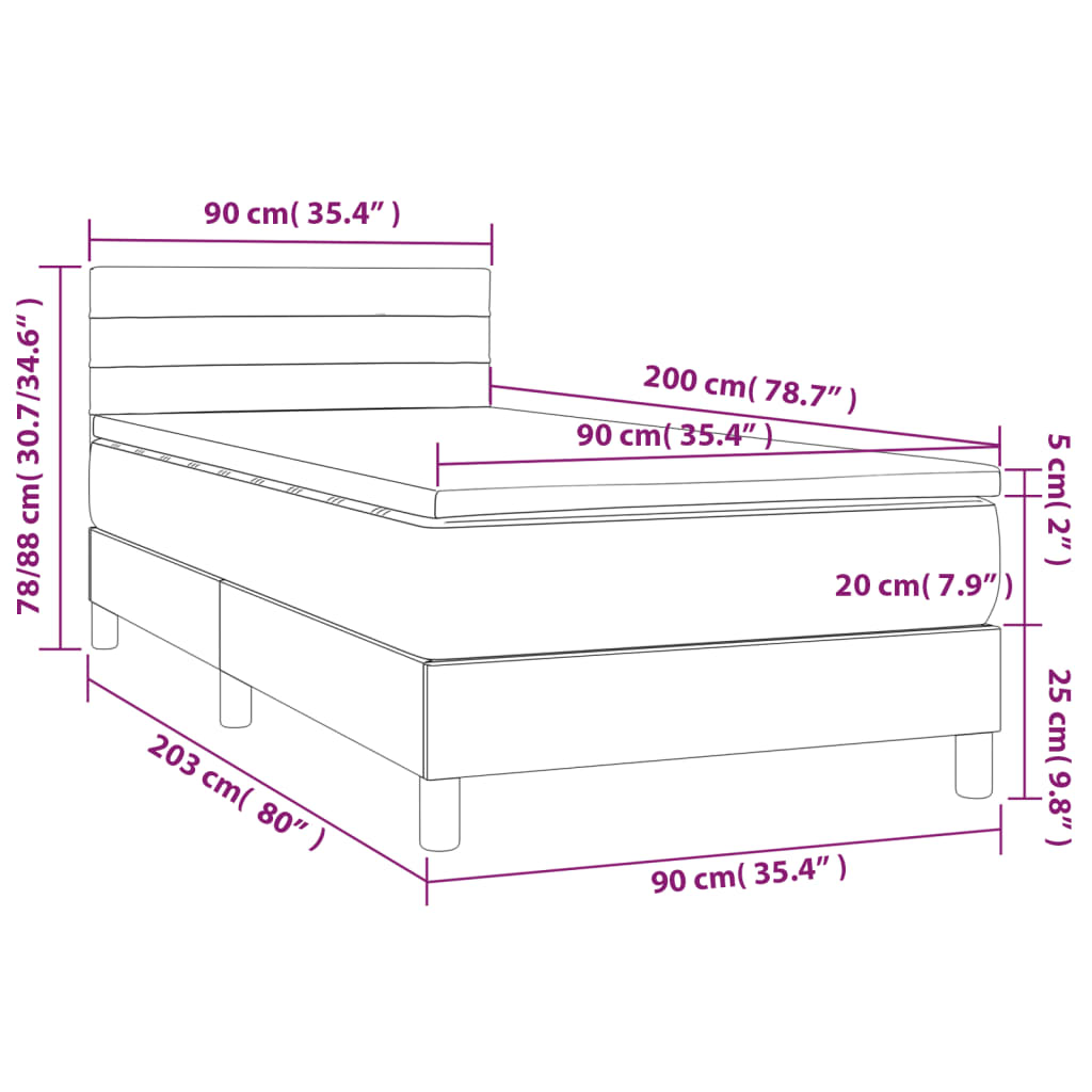 vidaXL Cama box spring colchón y LED terciopelo rosa 90x200 cm