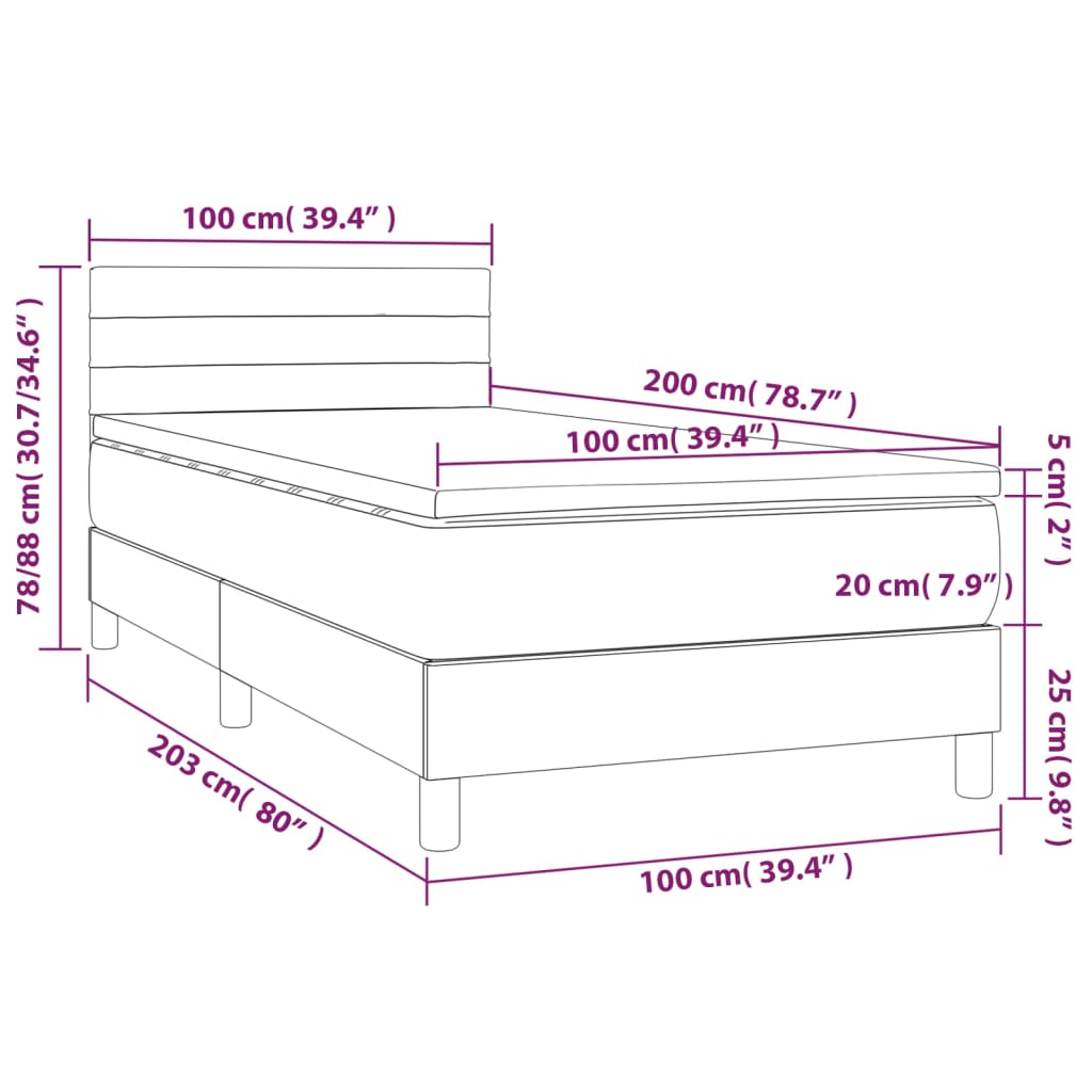 vidaXL Cama box spring colchón y LED terciopelo rosa 100x200 cm