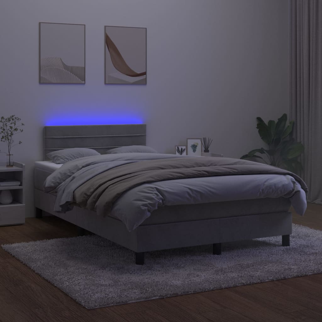 vidaXL Cama box spring colchón y LED terciopelo gris claro 120x200 cm