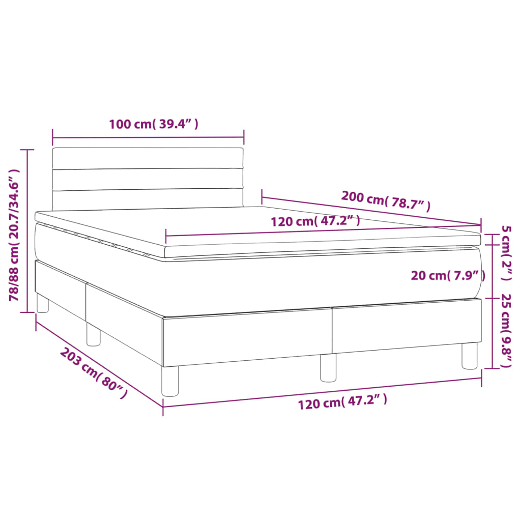 vidaXL Cama box spring colchón y LED terciopelo negro 120x200 cm