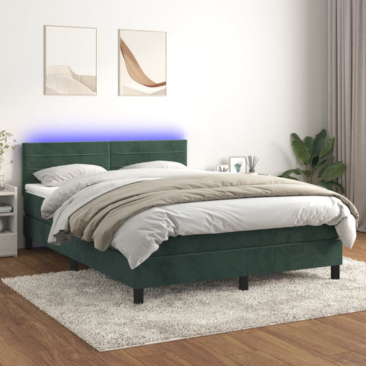 vidaXL Cama box spring colchón y LED terciopelo verde oscuro 140x200cm