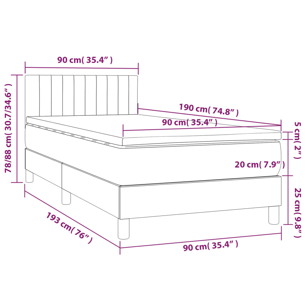 vidaXL Cama box spring colchón y LED terciopelo gris oscuro 90x190 cm