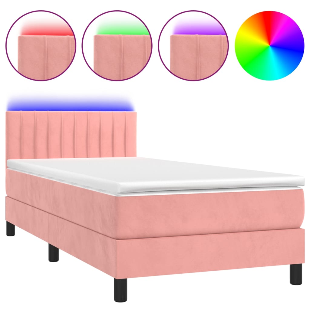 vidaXL Cama box spring colchón y LED terciopelo rosa 90x200 cm