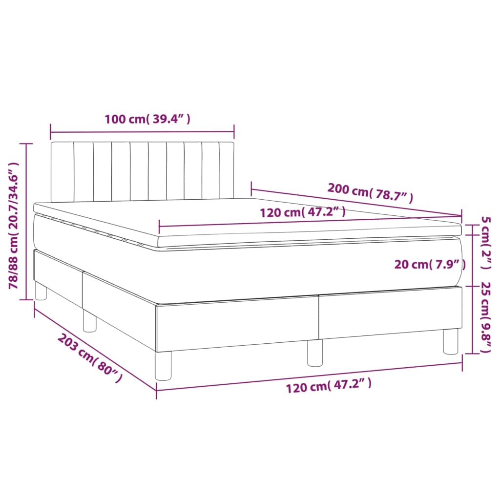 vidaXL Cama box spring colchón y LED terciopelo gris oscuro 120x200 cm