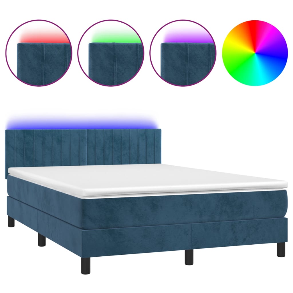 vidaXL Cama box spring colchón y LED terciopelo azul oscuro 140x190 cm