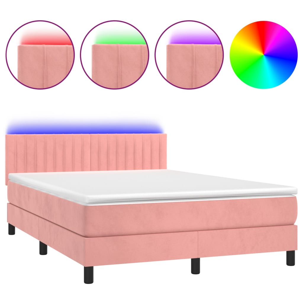 vidaXL Cama box spring colchón y LED terciopelo rosa 140x190 cm