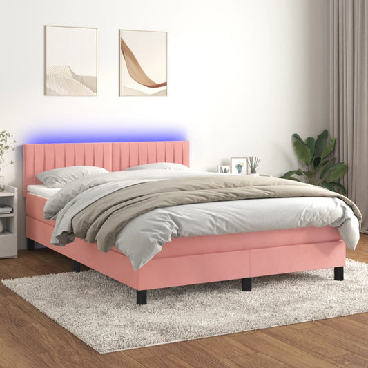 vidaXL Cama box spring colchón y LED terciopelo rosa 140x190 cm