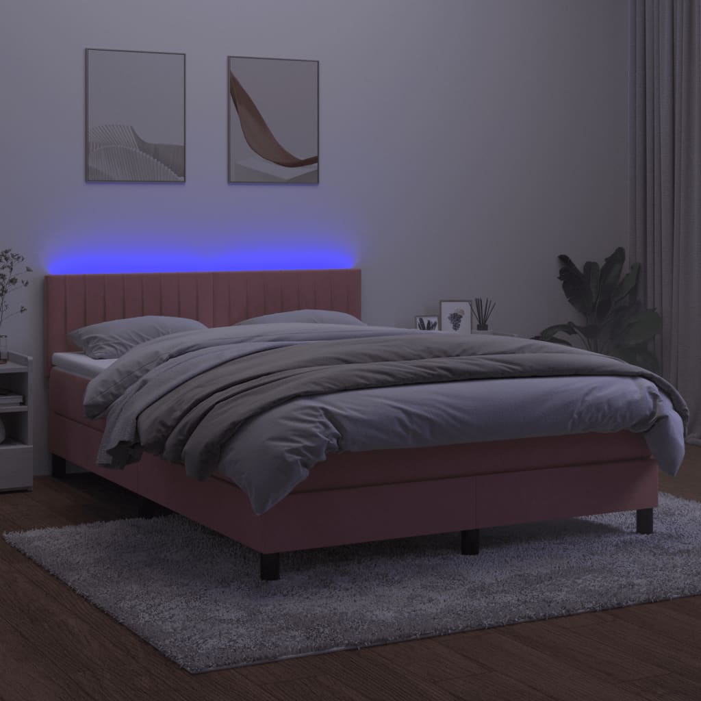 vidaXL Cama box spring colchón y LED terciopelo rosa 140x200 cm