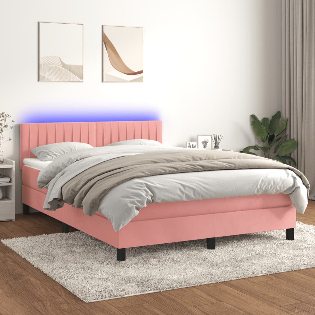 vidaXL Cama box spring colchón y LED terciopelo rosa 140x200 cm