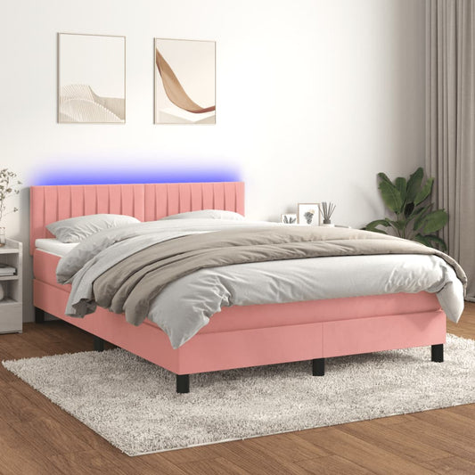 vidaXL Cama box spring colchón y LED terciopelo rosa 140x200 cm