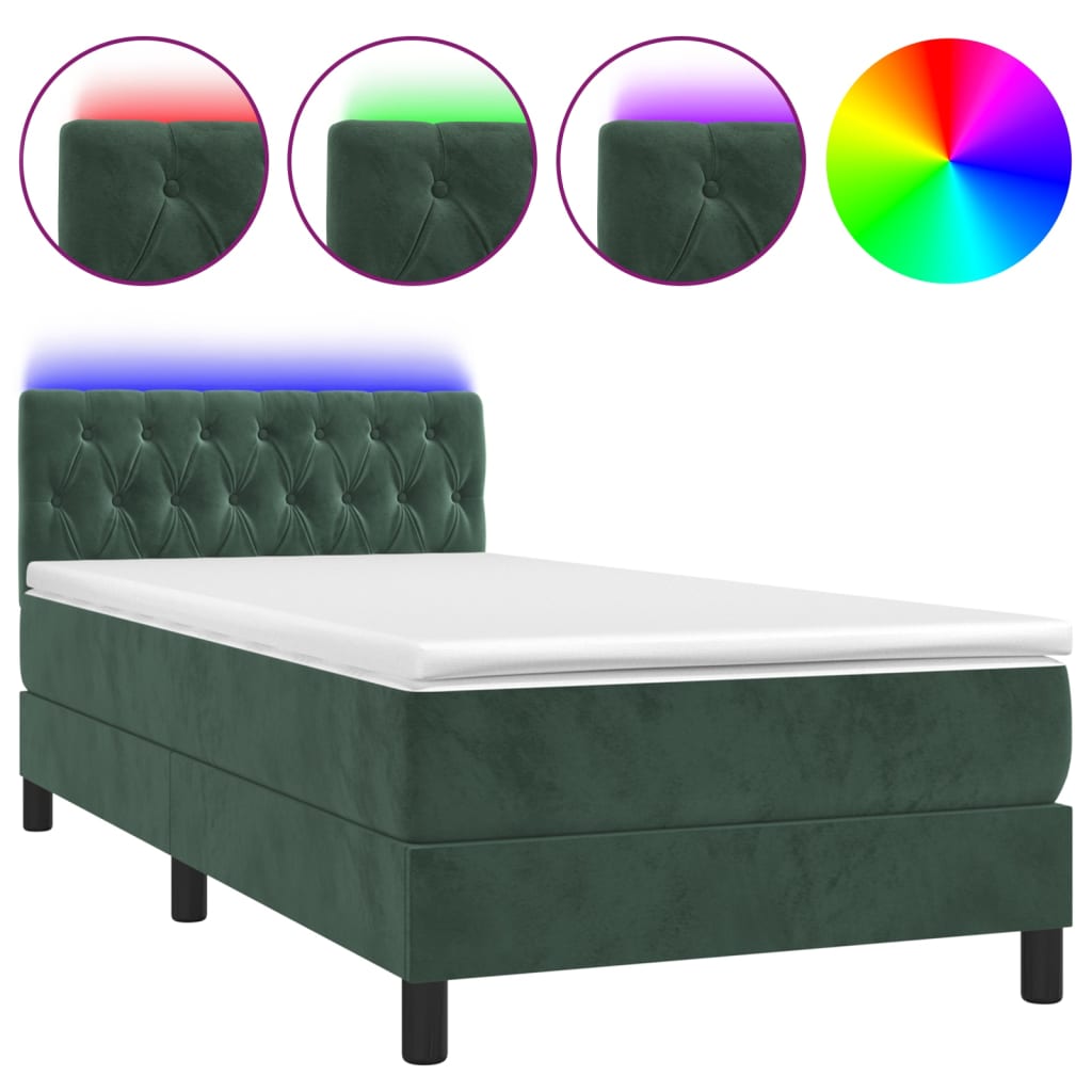 vidaXL Cama box spring colchón y LED terciopelo verde oscuro 90x190 cm