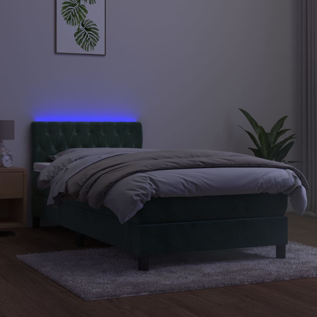 vidaXL Cama box spring colchón y LED terciopelo verde oscuro 90x190 cm