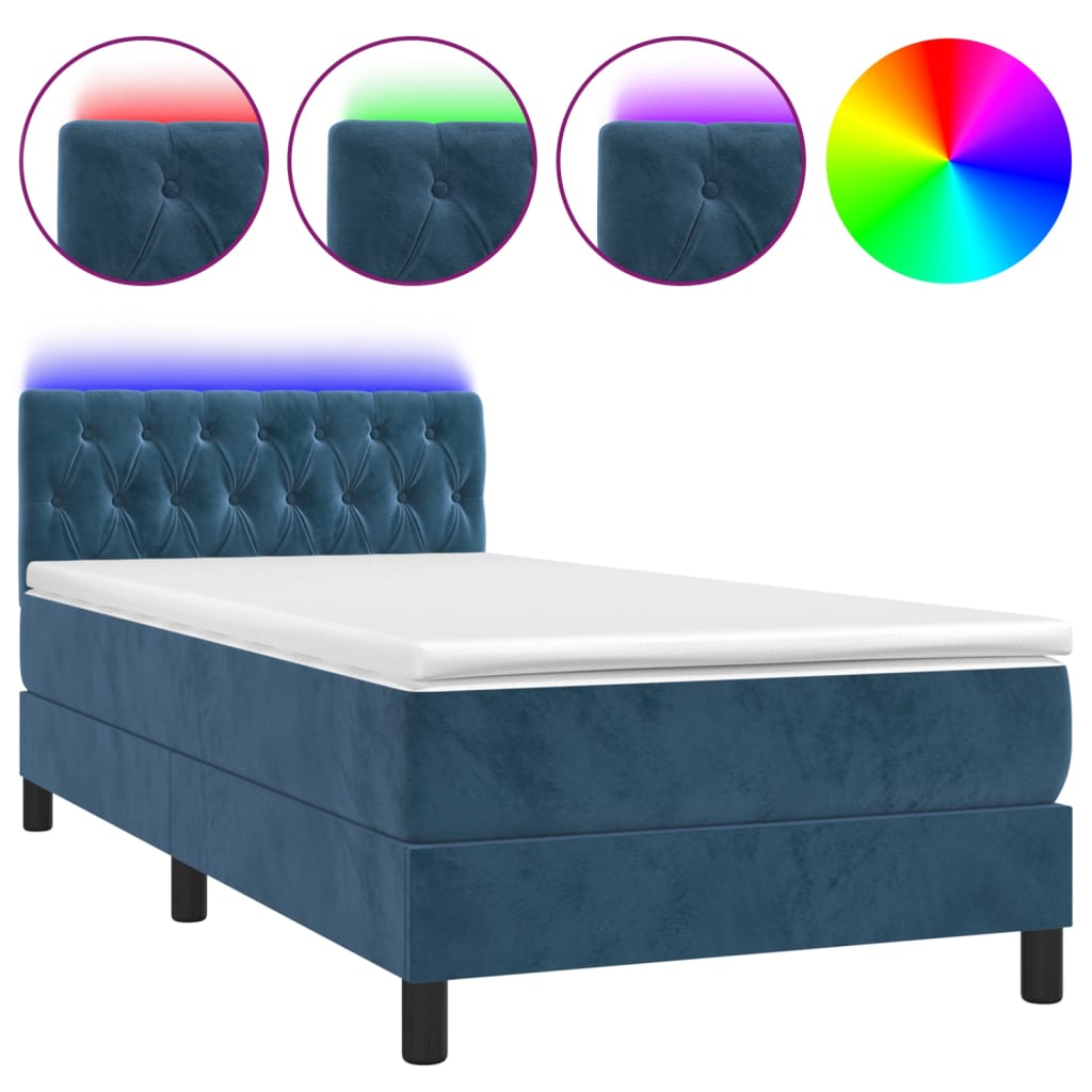 vidaXL Cama box spring colchón y LED terciopelo azul oscuro 90x190 cm