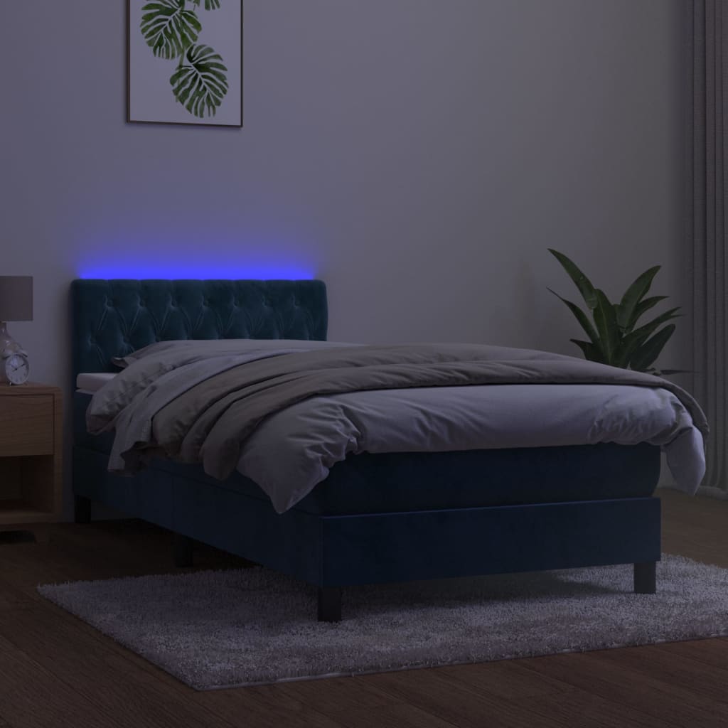 vidaXL Cama box spring colchón y LED terciopelo azul oscuro 90x190 cm