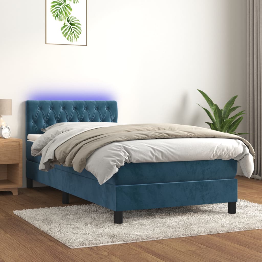 vidaXL Cama box spring colchón y LED terciopelo azul oscuro 90x190 cm