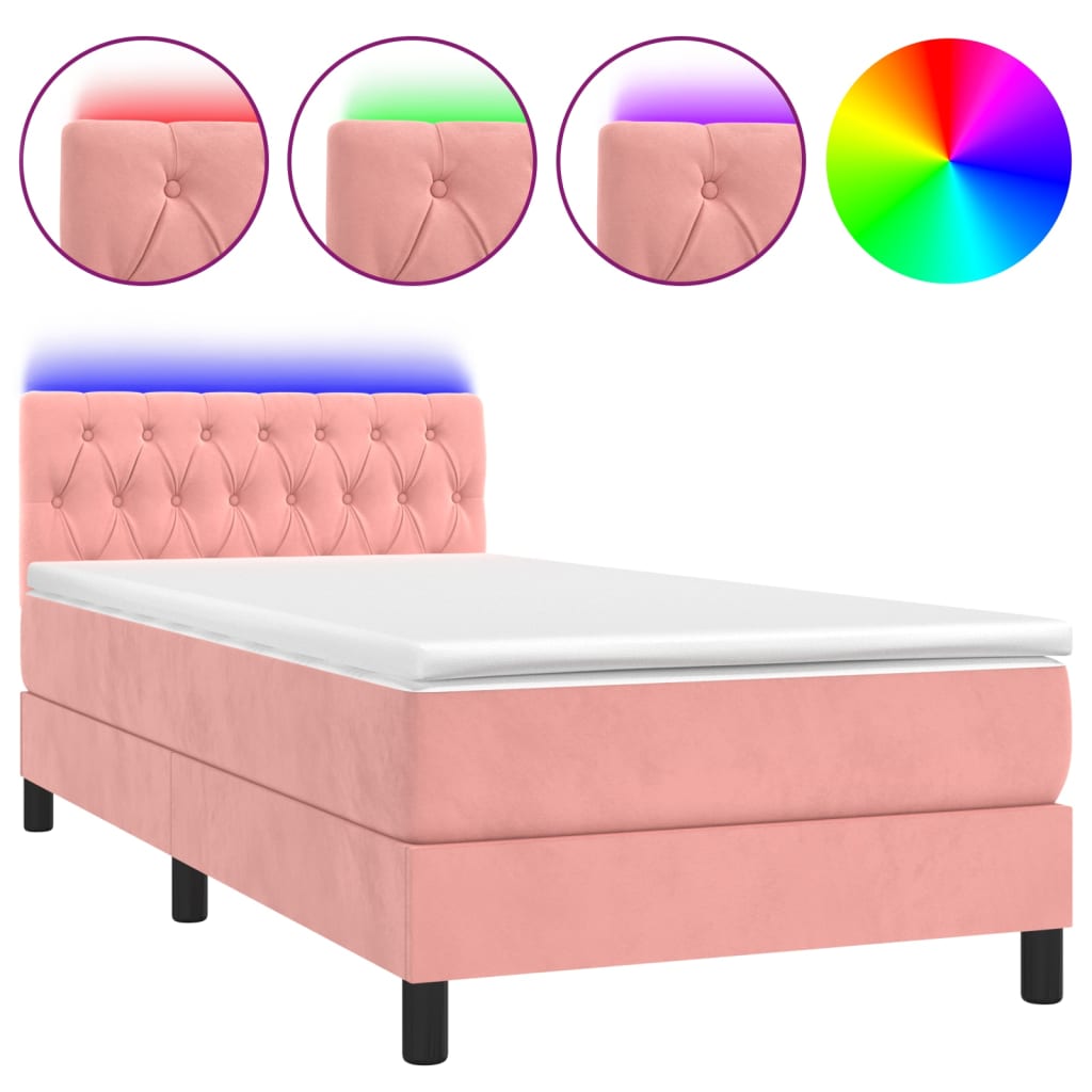 vidaXL Cama box spring colchón y LED terciopelo rosa 90x190 cm