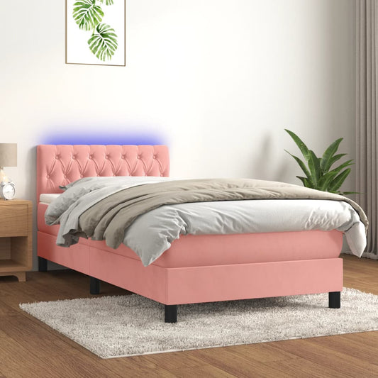 vidaXL Cama box spring colchón y LED terciopelo rosa 90x190 cm