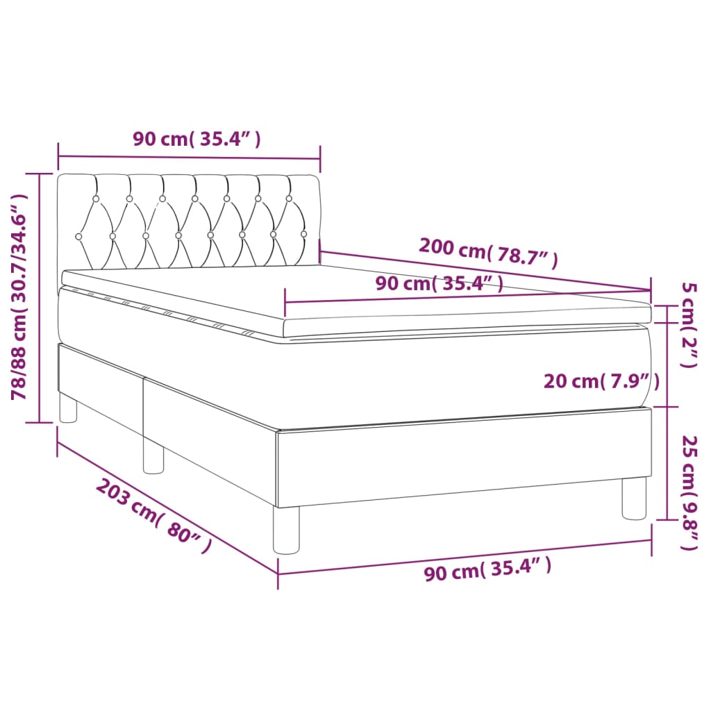 vidaXL Cama box spring colchón y LED terciopelo gris oscuro 90x200 cm