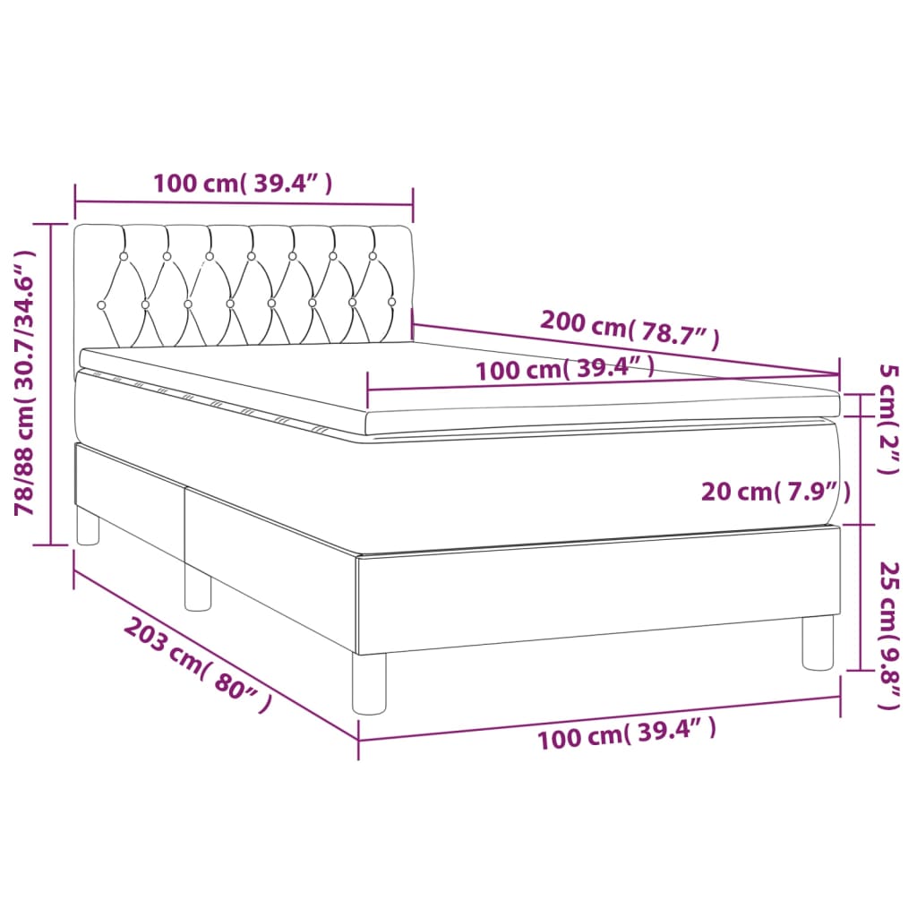 vidaXL Cama box spring colchón y LED terciopelo azul oscuro 100x200 cm