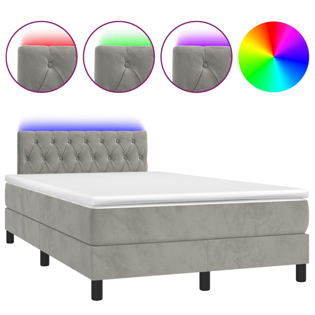 vidaXL Cama box spring colchón y LED terciopelo gris claro 120x200 cm