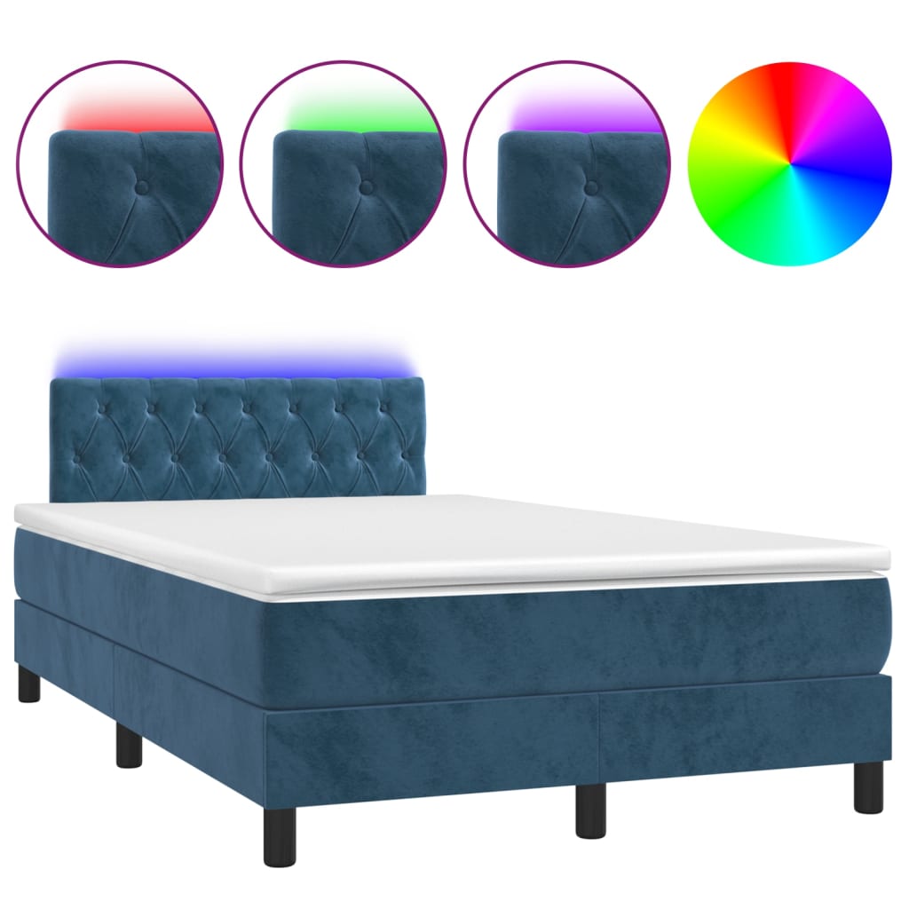 vidaXL Cama box spring colchón y LED terciopelo azul oscuro 120x200 cm