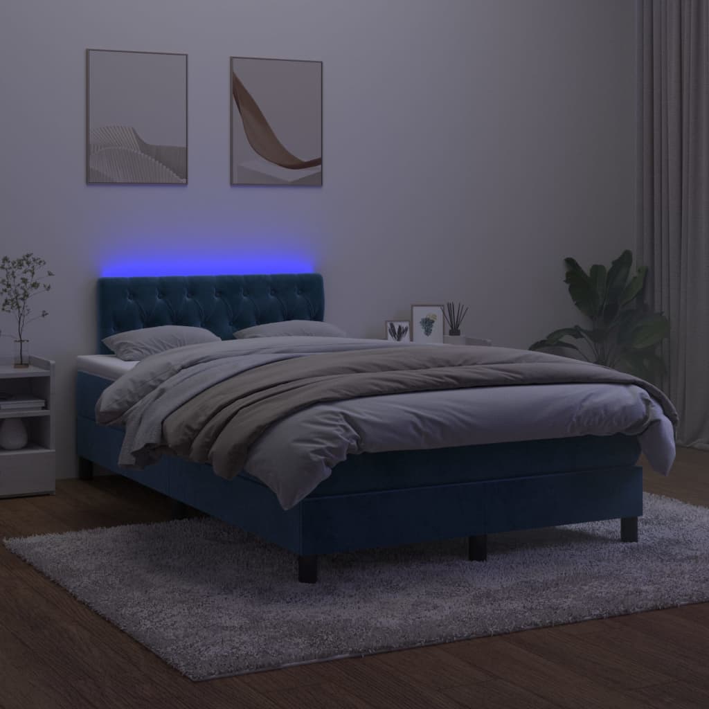 vidaXL Cama box spring colchón y LED terciopelo azul oscuro 120x200 cm