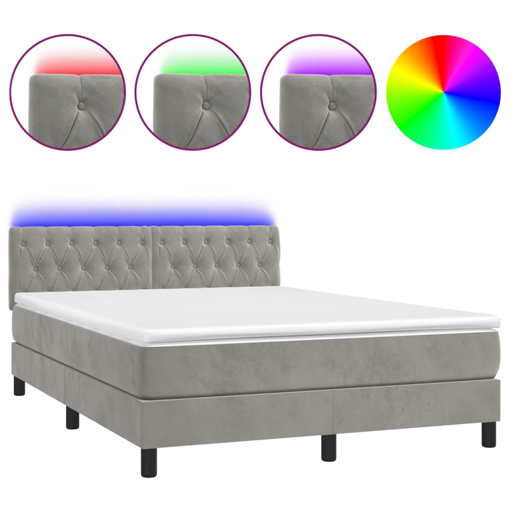 vidaXL Cama box spring colchón y LED terciopelo gris claro 140x190 cm