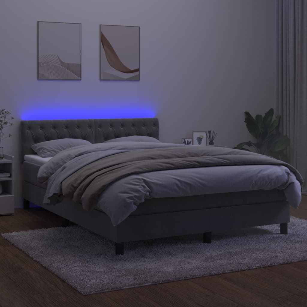 vidaXL Cama box spring colchón y LED terciopelo gris claro 140x190 cm