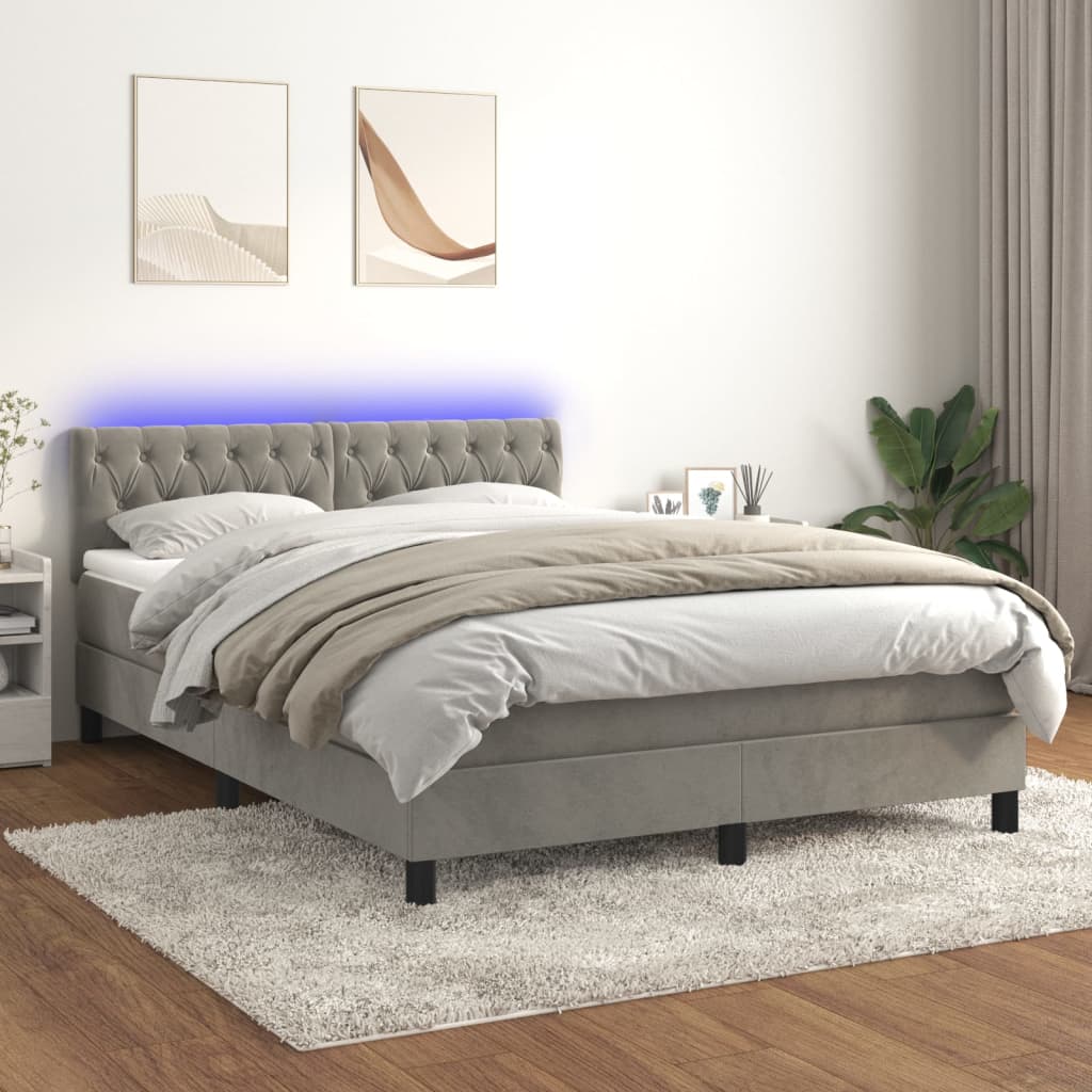 vidaXL Cama box spring colchón y LED terciopelo gris claro 140x190 cm