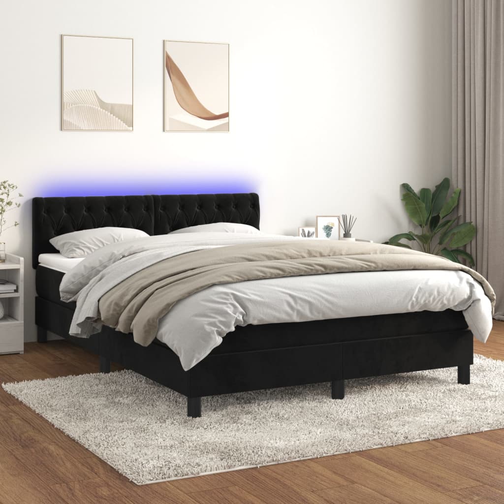 vidaXL Cama box spring colchón y LED terciopelo negro 140x190 cm