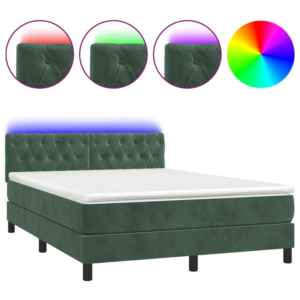 vidaXL Cama box spring colchón y LED terciopelo verde oscuro 140x190cm