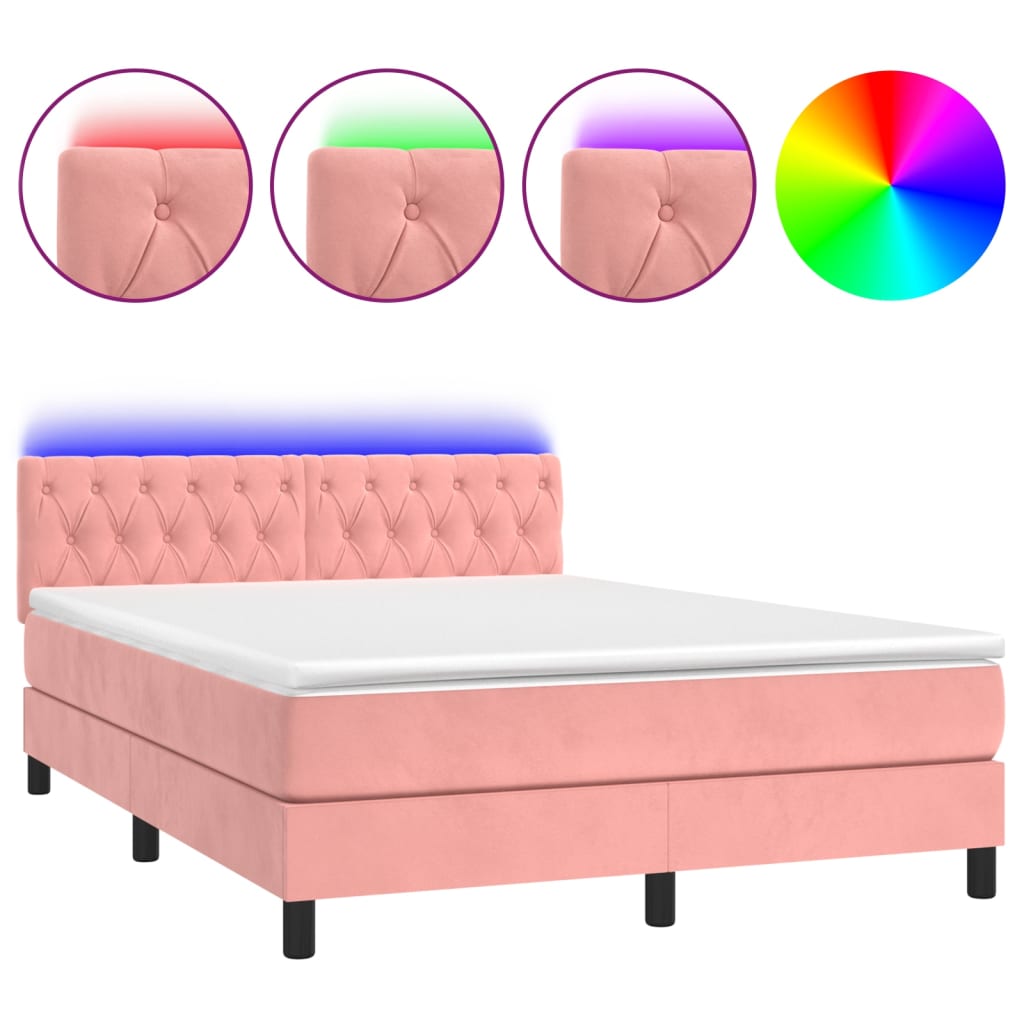 vidaXL Cama box spring colchón y LED terciopelo rosa 140x190 cm