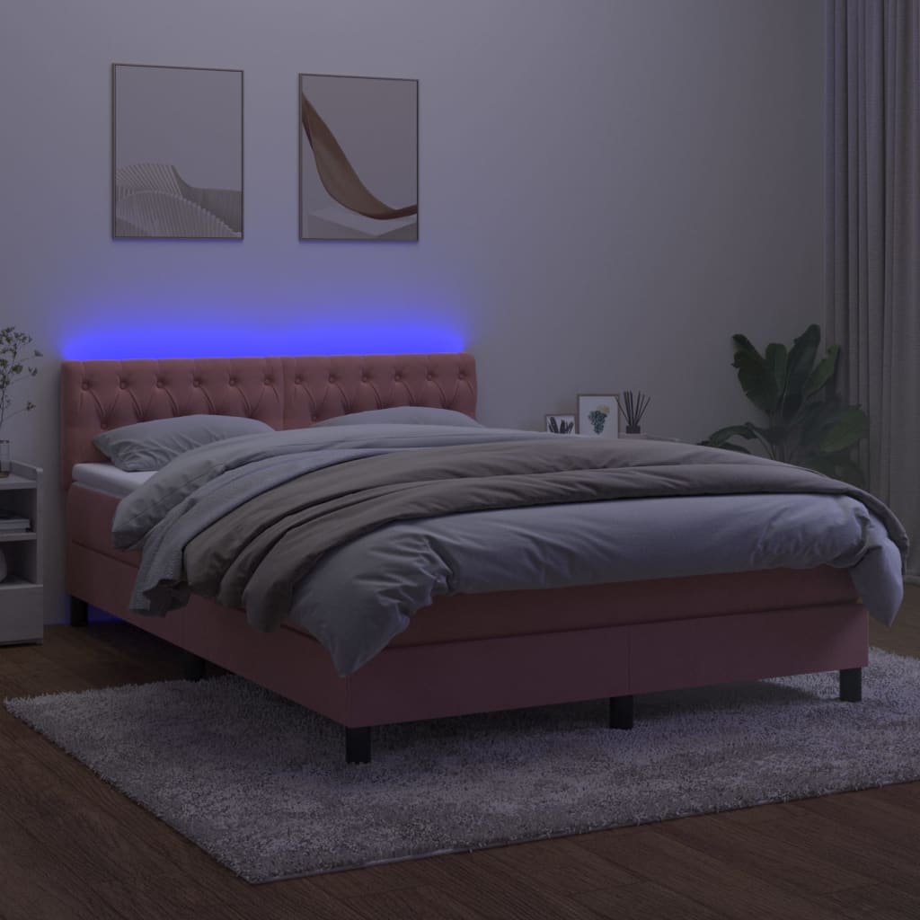 vidaXL Cama box spring colchón y LED terciopelo rosa 140x190 cm