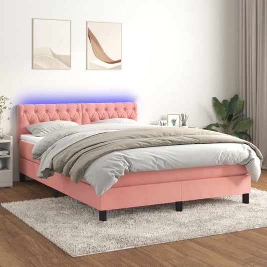 vidaXL Cama box spring colchón y LED terciopelo rosa 140x190 cm