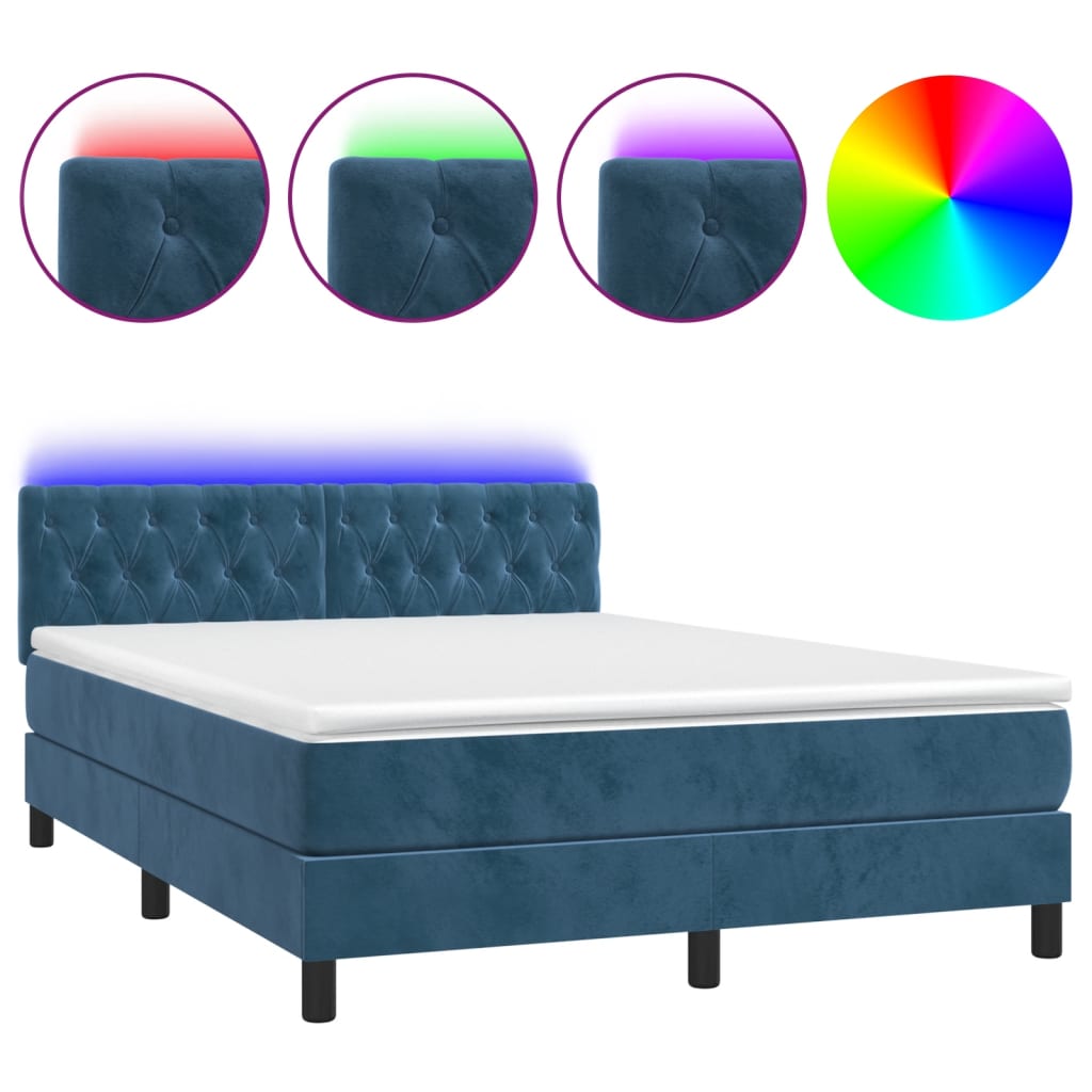 vidaXL Cama box spring colchón y LED terciopelo azul oscuro 140x200 cm