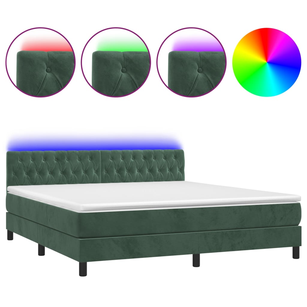 vidaXL Cama box spring colchón y LED terciopelo verde oscuro 160x200cm