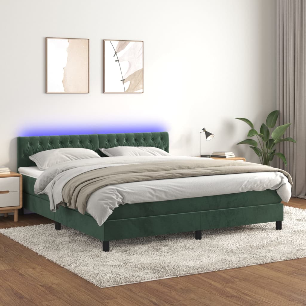 vidaXL Cama box spring colchón y LED terciopelo verde oscuro 160x200cm