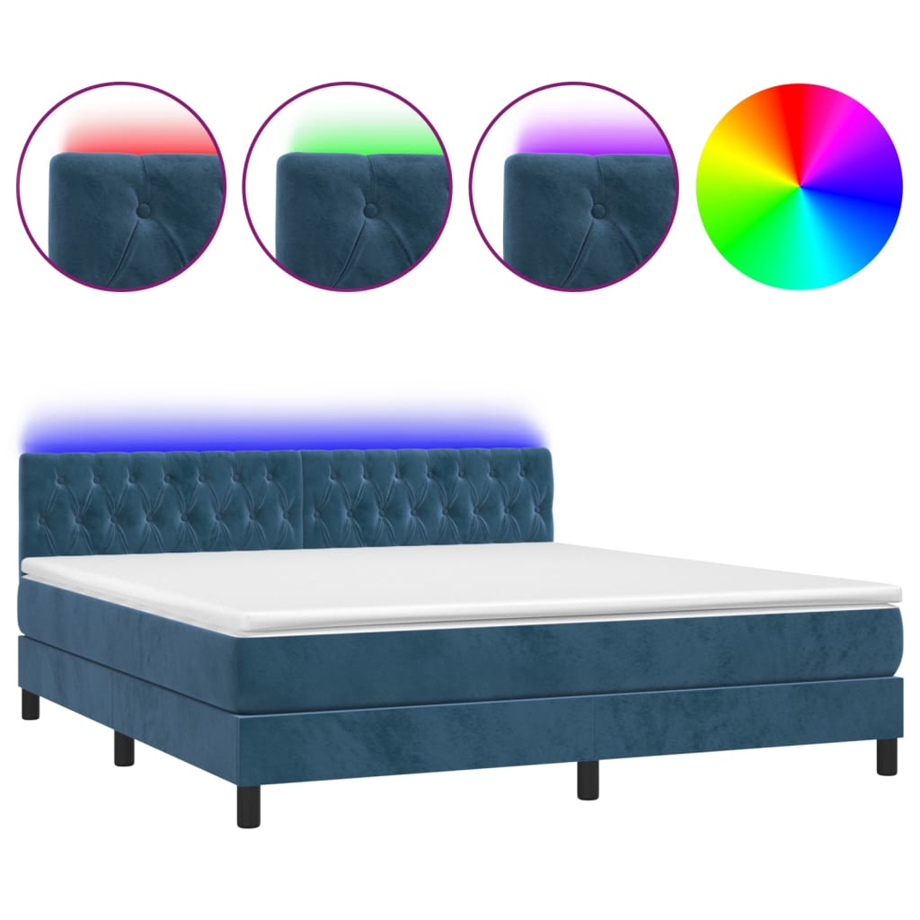 vidaXL Cama box spring colchón y LED terciopelo azul oscuro 160x200 cm