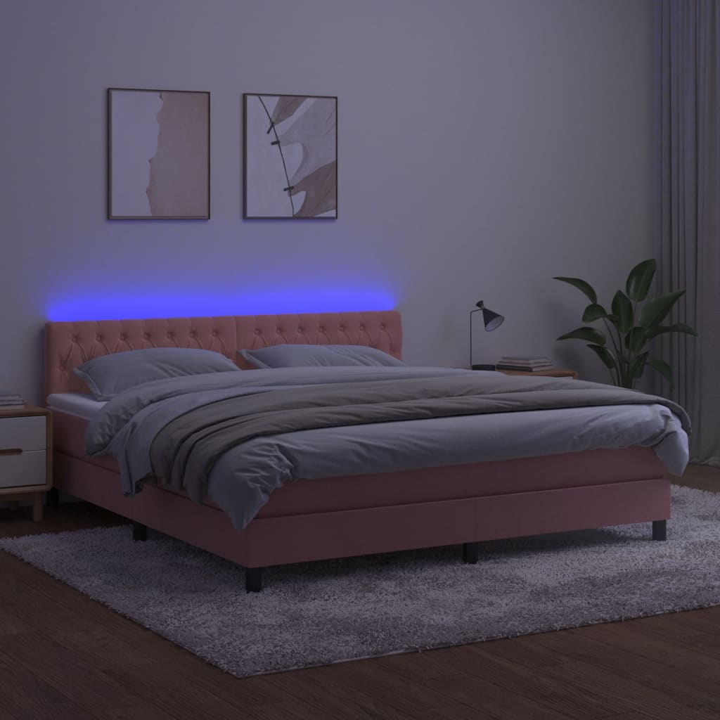 vidaXL Cama box spring colchón y LED terciopelo rosa 160x200 cm