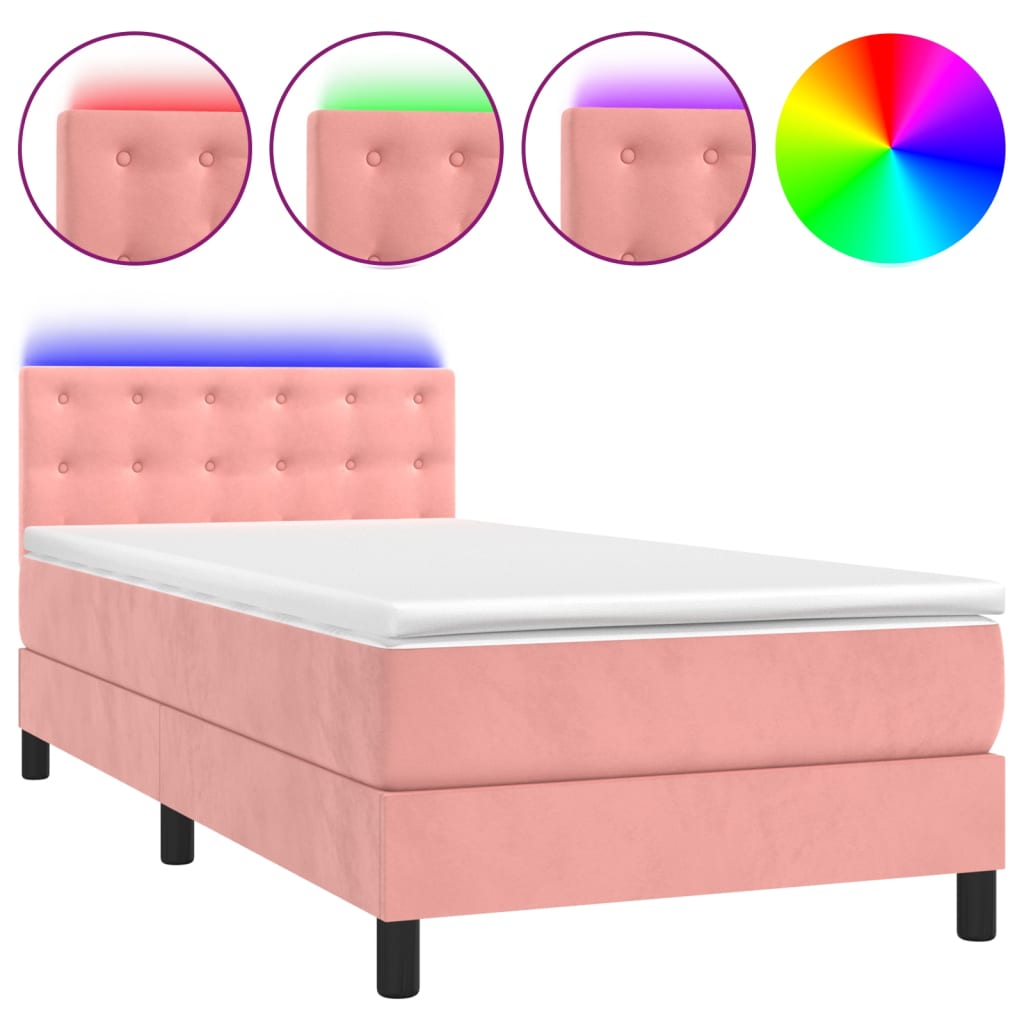 vidaXL Cama box spring colchón y LED terciopelo rosa 90x190 cm