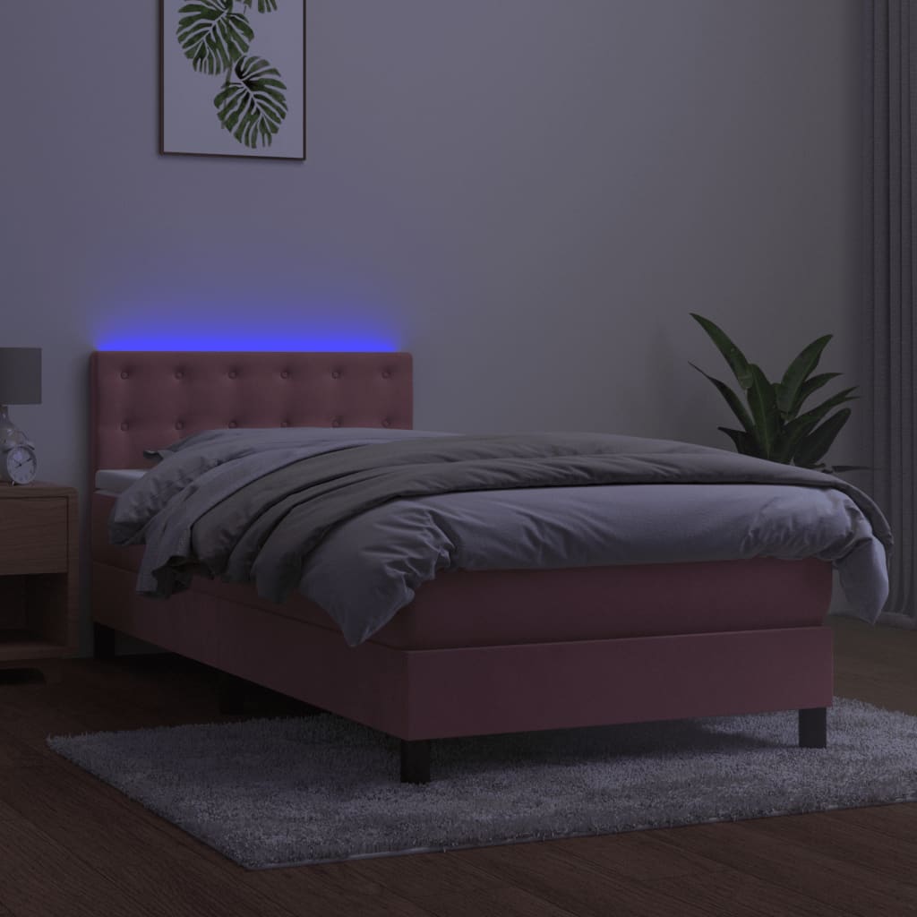 vidaXL Cama box spring colchón y LED terciopelo rosa 90x190 cm