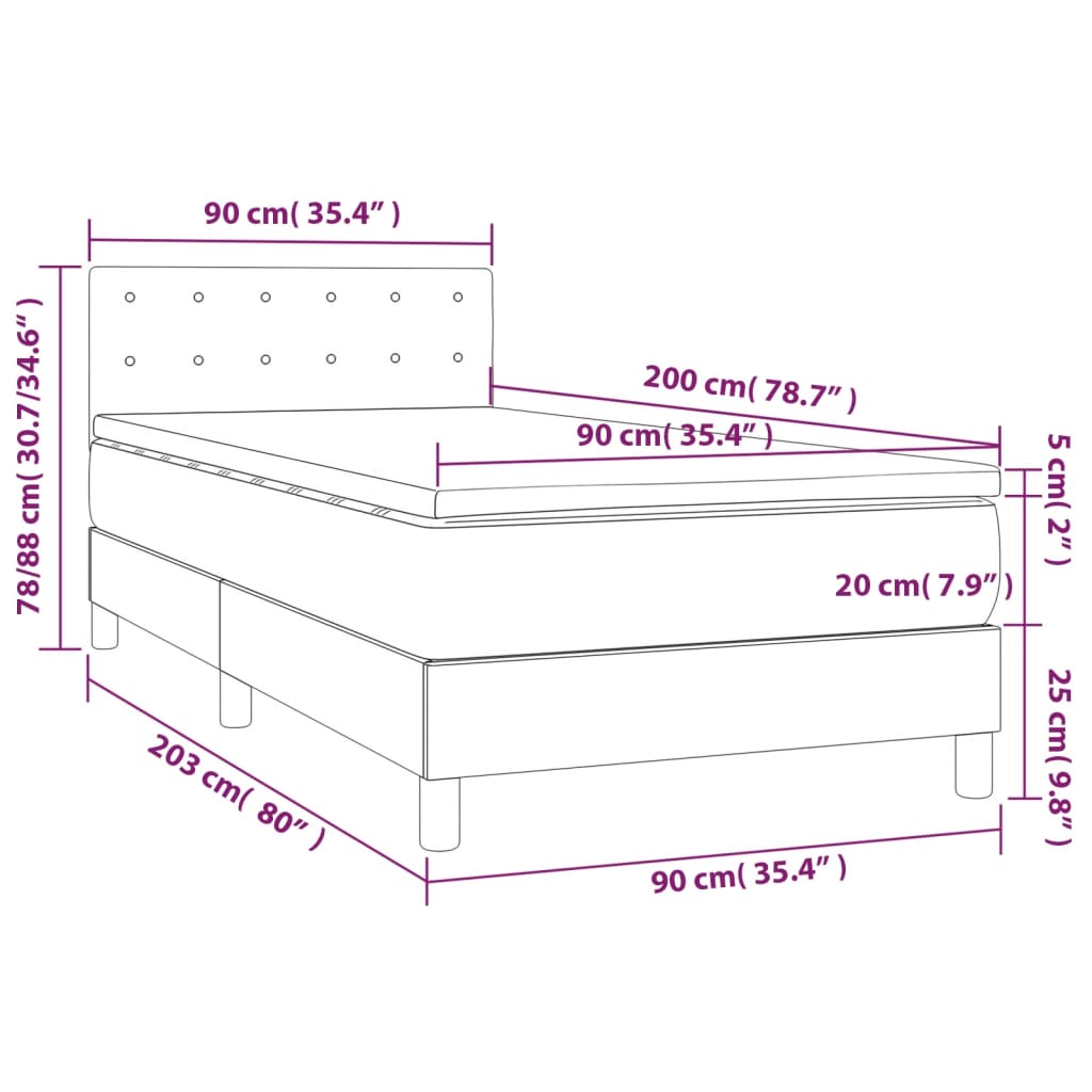 vidaXL Cama box spring colchón y LED terciopelo rosa 90x200 cm